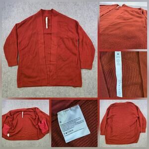 Lululemon Merino Wool-Blend Ribbed Long Wrap Sweater Womens 10 Red Open Cardigan